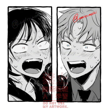 1boy 1girl :o blush collared_shirt commentary futsuu_no_keion-bu greyscale hatono_chihiro melty_mochi microphone monochrome music necktie open_mouth portrait shirt short_hair singing split_screen spot_color sweater takami_kouki teeth twitter_username v-shaped_eyebrows watermark