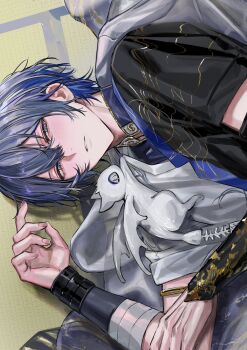 1boy asymmetrical_clothes bandaged_arm bandages bishounen black_shirt blue_eyes blue_hair creature daenarys eyelashes hair_between_eyes highres jacket koyanagi_rou looking_at_viewer lying male_focus multicolored_hair nijisanji on_side otomo_(koyanagi_rou) pale_skin parted_lips shirt short_hair solo tatami virtual_youtuber white_jacket