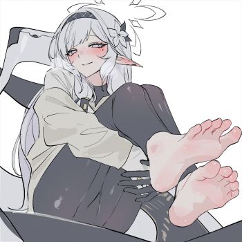 1girl barefoot black_gloves black_hairband black_leggings blue_archive blush breath commentary_request ear_blush elf feet flower foot_focus gloves hair_flower hair_ornament hairband halo himari_(blue_archive) jacket leggings long_hair looking_at_viewer mole mole_under_eye pointy_ears powered_wheelchair purple_eyes simple_background sitting smile solo striped_clothes striped_hairband undershirt wheelchair white_background white_hair white_halo yuke_(sowon5612)