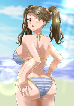 1girl artist_request ass ass_grab bare_shoulders bikini blush breasts brown_eyes brown_hair butt_crack deep_skin from_behind gundam gundam_build_fighters gundam_build_fighters_try highres huge_ass large_breasts long_hair looking_back looking_down nail_polish open_mouth sazaki_kaoruko shiny_clothes shiny_skin sideboob solo swimsuit twintails