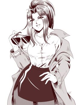 Rule 34 | 2024, absurdres, artist name, breasts, buttons, cleavage, coat, collarbone, commentary, contrapposto, cowboy shot, curtained hair, english commentary, eyebrows hidden by hair, female focus, hand on own hip, highres, large breasts, long hair, looking at viewer, pantyhose, pencil skirt, popped collar, sepia, shirt, skirt, smug, solo, sushi ben, tedbob84, teeth, trench coat, tsujigiri minami, upper teeth only, very long hair, white shirt