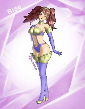 Rule 34 | 1girl, armor, artist name, bare shoulders, bikini armor, breasts, brown eyes, brown hair, high-cut armor (persona), highres, kujikawa rise, long hair, looking at viewer, navel, novasvr, one eye closed, persona, persona 4, persona 4 the golden, simple background, thighs, twintails