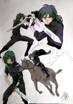 1boy bandaged_arm bandages boots cape commentary_request fakir_(knight)_(princess_tutu) fakir_(princess_tutu) green_hair highres holding holding_sword holding_weapon horse horseback_riding long_hair pants ponytail princess_tutu ranmari riding shirt smile sword torn_clothes torn_shirt weapon