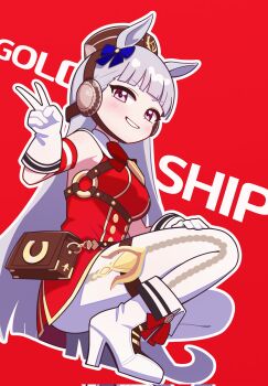 1girl animal_ears blue_bow blush boots bow breasts character_name corrupted_twitter_file elbow_gloves gloves gold_ship_(red_strife)_(umamusume) gold_ship_(umamusume) grey_hair hair_bow high_heel_boots high_heels highres horse_ears horse_girl jorang_(jorang08) long_hair looking_at_viewer medium_breasts pantyhose parted_lips pink_eyes red_background simple_background sleeveless smile solo squatting umamusume v white_boots white_gloves white_pantyhose
