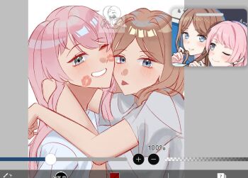 2girls arms_around_neck art_program_in_frame bang_dream! bang_dream!_it&#039;s_mygo!!!!! blue_eyes brown_hair cheek-to-cheek chihaya_anon commentary grey_eyes hashtag-only_commentary heads_together lipstick_mark lipstick_mark_on_face long_hair looking_at_viewer multiple_girls nagasaki_soyo pink_hair shirt smile tongue tongue_out white_shirt yooru_(yooruverse) yuri