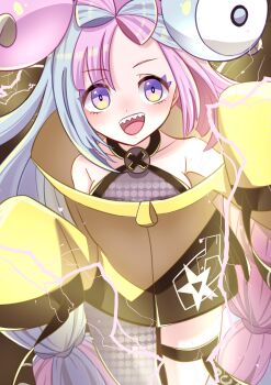 1girl armpits blue_hair bow-shaped_hair breasts character_hair_ornament commentary_request criss-cross_halter electricity fake_hair_bun gen_1_pokemon grey_pantyhose hair_ornament halter_shirt halterneck hexagon_print highres iono_(pokemon) jacket long_hair magnemite medium_breasts momochiki multicolored_hair nintendo open_mouth oversized_clothes pantyhose pink_hair pokemon pokemon_sv sharp_teeth single_leg_pantyhose sleeves_past_fingers sleeves_past_wrists smile solo split-color_hair teeth x_(symbol) yellow_jacket