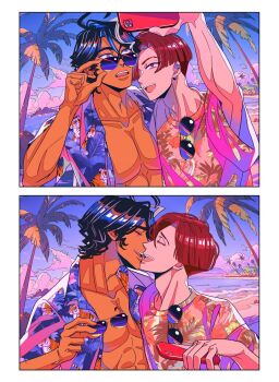 Rule 34 | 2boys, bevel, black hair, collarbone, commentary request, earrings, fate/grand order, fate (series), hawaiian shirt, highres, holding, holding phone, jewelry, male focus, multiple boys, palm tree, pectoral cleavage, pectorals, phone, red hair, selfie, shirt, short hair, sunglasses, takasugi shinsaku (fate), tan, toned, toned male, tree, yaoi, yoshida shouin (fate)