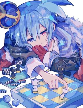 1boy black_jacket blue_eyes blue_hair board_game chess chess_piece closed_mouth commentary_request crown double-parted_bangs futaba969649 gloves hair_between_eyes heterochromia jacket long_sleeves male_focus puyopuyo red_eyes red_gloves short_hair sig_(puyopuyo) simple_background single_glove solo twitter_username upper_body white_background