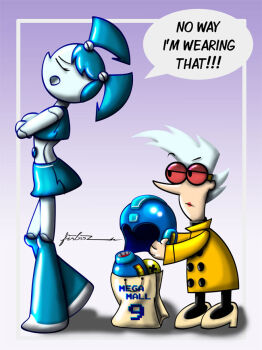 2008 2girls arm_cannon blue_helmet closed_eyes closed_mouth commentary crossover deviantart_sample english_commentary english_text furboz glasses height_difference helmet high_heels holding holding_unworn_helmet image_sample jenny_wakeman mega_man_(character) mega_man_(classic) mega_man_(series) mother_and_daughter multiple_girls my_life_as_a_teenage_robot nora_wakeman open_mouth robot robot_girl signature spanish_commentary speech_bubble standing unworn_headwear unworn_helmet weapon