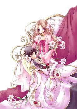 Rule 34 | 00s, bad id, bad pixiv id, black hair, brother and sister, brown hair, code geass, couch, closed eyes, flower, hair flower, hair ornament, highres, lap pillow, lelouch vi britannia, lily (flower), muu, nunnally vi britannia, purple eyes, siblings, sleeping