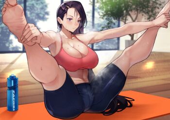 1girl bare_shoulders barefoot bike_shorts bottle bow breasts cleavage commentary exercising feet highres large_bow large_breasts long_hair looking_at_viewer mature_female midriff original purple_eyes purple_hair solo sports_bra sportswear spread_legs steam sweat tank_top thighs toes very_long_hair water_bottle yoshio_(55level)