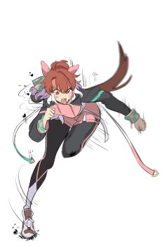 1girl ahoge animal_ears black_leggings black_shrug bow breasts brown_eyes brown_hair checkered_ribbon dantsu_flame_(center_spotlight)_(umamusume) dantsu_flame_(umamusume) ear_covers ear_ornament ear_ribbon hair_between_eyes highres horse_ears horse_girl horse_tail hyome large_breasts leggings leggings_under_shorts long_sleeves looking_at_viewer multicolored_hair open_mouth pink_shirt pink_shorts shirt shoes shorts shrug_(clothing) simple_background solo tail teeth tied_shirt umamusume white_background white_hair white_shirt