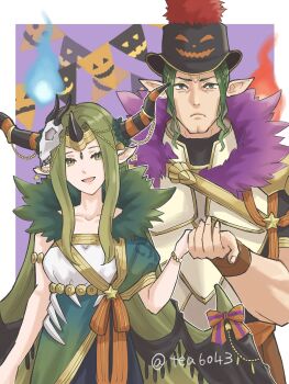 1boy 1girl brother_and_sister dragon_boy dragon_tail duma_(fire_emblem) duma_(halloween)_(fire_emblem) fire_emblem fire_emblem_echoes:_shadows_of_valentia fire_emblem_heroes green_hair halloween halloween_costume highres long_hair looking_at_viewer mila_(fire_emblem) mila_(halloween)_(fire_emblem) nintendo official_alternate_costume siblings tail tea6043