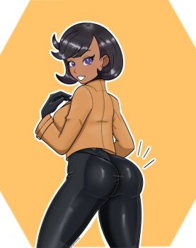 1girl ass black_hair bodysuit breasts cropped_jacket dark-skinned_female dark_skin emma_(pokemon) from_behind gloves highres jacket large_breasts looking_back nintendo pokemon pokemon_legends:_z-a purple_eyes short_hair simple_background teeth whipmyhair