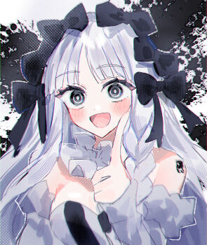 1girl absurdres bare_shoulders black_bow black_eyes blush bow braid breasts collar colored_inner_hair commentary_request detached_sleeves dress fate/strange_fake fate_(series) francesca_prelati_(fate) frilled_collar frills grey_hair hair_bow highres index_finger_raised long_hair looking_at_viewer medium_breasts multicolored_hair open_mouth parted_bangs ringed_eyes san_(sanmi0613) sidelocks smile solo striped_clothes striped_dress very_long_hair white_dress white_hair