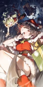 2girls @_@ absurdres alternate_costume black_hair boots bow box breasts candy chest_bow christmas colored_inner_hair commentary_request corin_wickes crying crying_with_eyes_open dress ellen_joe falling fins fish_tail food fur-trimmed_boots fur-trimmed_dress fur-trimmed_headwear fur_trim gift gift_box green_bow green_hair guli_(guli0572) hair_bow hat highres holding holding_candy holding_food holding_gift holding_lollipop large_breasts lollipop lollipop_in_mouth long_hair moon multicolored_hair multiple_girls night open_mouth pom_pom_(clothes) purple_eyes razor_blade_hair_ornament red_dress red_eyes red_nails red_shoes santa_costume santa_dress santa_hat scar scar_on_tail shark_girl shark_tail shoes short_hair snowing tail tears twintails white_bow zenless_zone_zero