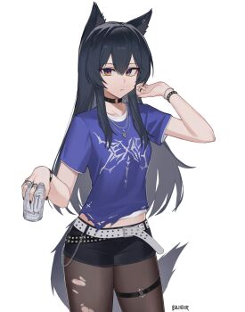 1girl alternate_costume animal_ears arknights artist_name bajigurr belt black_choker black_hair black_nails black_shorts bracelet brown_eyes brown_pantyhose can choker commentary cowboy_shot cross cross_necklace drink_can highres holding holding_can jewelry long_hair looking_at_viewer monster_energy nail_polish necklace o-ring o-ring_thigh_strap pantyhose parted_lips purple_shirt ring shirt short_shorts short_sleeves shorts simple_background solo t-shirt tail texas_(arknights) thigh_strap torn_clothes torn_pantyhose white_background white_belt wolf_ears wolf_girl wolf_tail