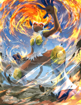 absurdres blue_eyes body_fur brown_fur clenched_hand colored_sclera commentary_request debris ekaki_panda fiery_hair gen_4_pokemon highres infernape monkey nintendo pokemon pokemon_(creature) standing white_fur yellow_sclera