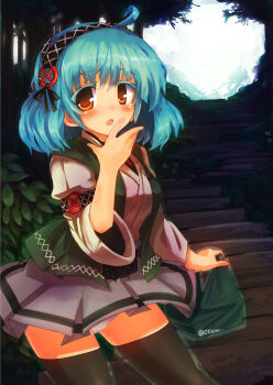 1girl :o ahoge black_hairband black_thighhighs black_vest blue_eyes blue_hair blush breasts brown_eyes bush colored_eyelashes commentary_request cowboy_shot forest grey_skirt hairband hand_up highres long_sleeves looking_at_viewer nature open_clothes open_mouth open_vest original outdoors panties pantyshot pink_shirt pleated_skirt shirt short_hair skirt skirt_hold small_breasts solo sonjow4 stairs standing thighhighs top_of_moe_2013 underwear vest white_panties wide_shot zettai_ryouiki