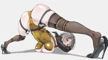 1girl ammo21204760 ass belt belt_around_waist black_belt black_shoes black_shrug black_thighhighs blush breast_press breasts buckle cameltoe closed_mouth commentary commentary_request crotch crotch_seam embarrassed english_commentary full_body girls&#039;_frontline girls&#039;_frontline_2:_exilium gold_leotard grey_background grey_hair groin hair_ornament hairclip harness high_heels jack-o&#039;_challenge knee_pads large_breasts leotard long_sleeves looking_at_viewer mixed-language_commentary official_alternate_costume presenting revision ribbed_leotard shadow shiny_clothes shiny_skin shoe_soles shoes short_hair shrug_(clothing) simple_background snap-fit_buckle solo spread_legs thigh_strap thighhighs thighs top-down_bottom-up turning_head underboob vector_(girls&#039;_frontline) vector_(girls&#039;_frontline_2) vector_(molotov_bunny)_(girls&#039;_frontline_2) x_hair_ornament yellow_leotard