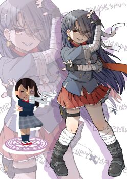 1girl absurdres ankle_strap armband black_footwear black_hair blue_shirt cross crossed_arms earrings fingerless_gloves gloves hair_ornament hairclip hexagram highres irasutoya jewelry legband long_hair looking_at_viewer magic_circle psychic red_eyes red_skirt ribbon ring runes scene_reference sharp_teeth shimakura_asado shirt skirt star_(symbol) star_earrings star_of_david tagme teeth white_armband white_ribbon