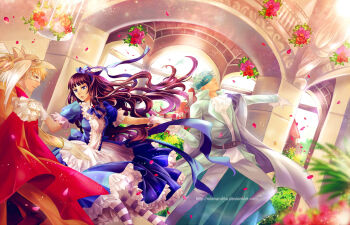 Rule 34 | 1girl, 2boys, alice's adventures in wonderland, alice (alice in wonderland), apron, ascot, back bow, belt, bird hat, bird wings, black pants, blonde hair, blue bow, blue bowtie, blue dress, blue eyes, blue mask, blue ribbon, blunt bangs, bow, bowtie, brown belt, brown hair, cape, center frills, character request, coat, collared dress, commentary, dancing, day, deviantart username, dress, english commentary, epaulettes, expressionless, eye mask, feathered wings, feet out of frame, floating clothes, floating hair, flower, frilled apron, frilled dress, frilled sleeves, frills, gloves, green coat, green hair, grey pants, grey pantyhose, grey shawl, hair ribbon, hand on another's chest, hat, head wings, hetero, highres, jacket, leaning back, light particles, long hair, looking at another, mask, medium dress, multiple boys, nilanandita, open mouth, outstretched hand, pants, pantyhose, petals, pillar, pocket watch, polyamory, puffy short sleeves, puffy sleeves, red cape, red flower, red rose, ribbon, rose, rose petals, shawl, shirt, short hair, short sleeves, shorts, striped clothes, striped pantyhose, two-tone pantyhose, very long hair, waist apron, watch, wavy hair, white apron, white ascot, white gloves, white hat, white mask, white pantyhose, white shirt, white wings, window, wings, yellow jacket