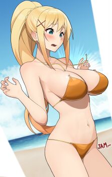1girl bare_shoulders beach bikini blonde_hair blue_eyes blush breasts cleavage commentary_request darkness_(konosuba) hair_ornament highres jampen kono_subarashii_sekai_ni_shukufuku_wo! large_breasts long_hair navel open_mouth orange_bikini ponytail sidelocks solo swimsuit thighs x_hair_ornament