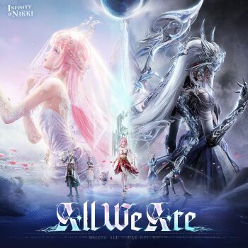 3boys 3d 4girls album_cover angert_(infinity_nikki) animal apron arabian_clothes armlet artist_request back-to-back bare_arms bare_shoulders beads black_boots black_dress black_gloves black_pants black_skin blue_dress blue_hair blue_horns blue_robe blue_shirt blue_tail boots bow_(weapon) bracelet brother_and_sister brown_corset brown_sandals cat celeste_(infinity_nikki) circlet cloak clothed_animal cloud cloudy_sky colored_extremities colored_skin commentary copyright_logo corset cover covered_face crop_top detached_sleeves dragon_boy dragon_girl dragon_horns dragon_tail dragon_wings dress ear_covers elbow_gloves english_commentary english_text fighting_stance floral_rebirth_(infinity_nikki) from_side gauntlets gloves gold_armlet gold_bracelet guide_of_no_return_(infinity_nikki) hairband hand_on_ground highres holding holding_bow_(weapon) holding_weapon hood hood_up hooded_cloak horns horns_through_headwear infinity_nikki jewelry knee_boots lace lace-up_boots lace_sleeves lake layered_skirt leaning_forward logo long_dress long_hair long_skirt lucian_(infinity_nikki) meghill_(infinity_nikki) midriff momo_(nikki) moon multiple_boys multiple_girls nikki_(nikki) nikki_(series) off-shoulder_dress off_shoulder official_alternate_costume official_art pants petals pink_hair pink_sky purifying_wind_(infinity_nikki) red_hairband red_skirt reflection reflective_liquid ripples robe sandals second-party_source shirt short_hair short_sleeves siblings skeletal_wings skirt sky sleeves_past_wrists split_theme strapless strapless_dress sunrise sunset tail tower veil very_long_hair visor_(armor) walking walking_on_liquid weapon white_apron white_cat white_cloak white_dress white_hair white_horns white_shirt white_skirt white_sleeves white_veil wings