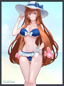 1girl alternate_costume animal_ears bikini bikini_skirt blue_background blue_bikini blue_ribbon blunt_bangs border breasts brown_hair cleavage closed_mouth collarbone commentary commentary_request cowboy_shot english_commentary floppy_hat flower gradient_background grey_border hair_flower hair_ornament hand_on_own_thigh hand_up hat hat_ribbon highres huge_breasts kuo_chun_yu long_hair looking_at_viewer microskirt mixed-language_commentary navel no_tail outside_border pink_eyes pink_flower raccoon_ears raccoon_girl raphtalia ribbon scrunchie skirt smile solo stomach straight-on straight_hair sun_hat swimsuit tate_no_yuusha_no_nariagari underboob v-shaped_eyebrows white_background white_hat white_scrunchie wrist_scrunchie