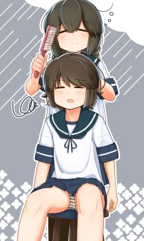 2girls =_= black_hair blue_skirt blush braid brown_hair brushing_hair chair closed_eyes commentary hair_between_eyes hair_brush highres holding holding_hair_brush isonami_(kancolle) kantai_collection miyuki_(kancolle) multiple_girls open_mouth panties pantyshot pleated_skirt sailor_collar school_uniform serafuku short_hair short_sleeves sidelocks sitting skirt striped_clothes striped_panties underwear yotubawatane