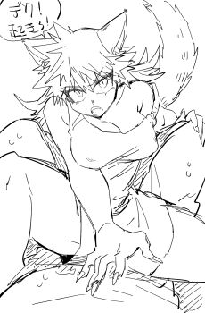 animal_ears bakugou_katsuki bibiri_(r42r98r) boku_no_hero_academia breasts cleavage commentary_request fang fingernails genderswap genderswap_(mtf) highres large_breasts long_hair looking_up monochrome open_mouth pov pov_crotch sanpaku simple_background spiked_hair straddling sweat tail translation_request tsurime white_background wolf_ears wolf_girl wolf_tail