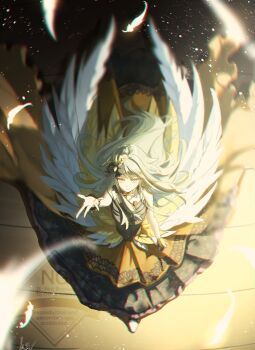 1girl bare_shoulders black_bow black_dress bow choukoku_no_protagonist_(project_sekai) chromatic_aberration commentary dress falling_feathers feather_dress feathers from_above full_body grey_hair hair_bow hashtag-only_commentary highres ktori kusanagi_nene long_dress long_hair looking_at_viewer low-tied_sidelocks official_alternate_costume parted_lips project_sekai sidelocks solo strapless strapless_dress walking watermark white_feathers yellow_feathers