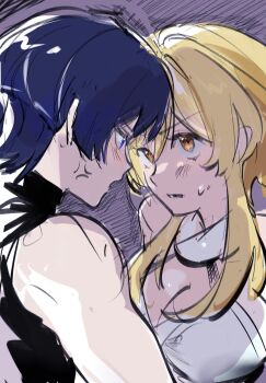 Rule 34 | 1boy, 1girl, anger vein, bare shoulders, black mouth, blonde hair, blunt ends, blush, bodysuit, breasts, brown eyes, cleavage, dress, eye contact, face-to-face, genshin impact, halterneck, hashtag-only commentary, hetero, highres, light blush, looking at another, lower teeth only, lumine (genshin impact), medium breasts, open mouth, purple background, purple eyes, purple hair, rollinland rn, scaramouche (genshin impact), scarf, short hair, short hair with long locks, sidelocks, sketch, sleeveless, sleeveless bodysuit, sweatdrop, teeth, tsurime, turtleneck, turtleneck bodysuit, white dress, white scarf