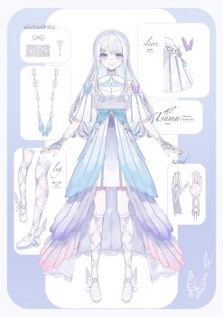 Rule 34 | 1girl, blue eyes, bridal gauntlets, character name, commission, dress, full body, high-low dress, highres, indie utaite, leg wrap, long dress, long hair, looking at viewer, multicolored dress, reference sheet, second-party source, seisaiminty, shoes, short sleeves, smile, solo, standing, tsumu (utaite), utaite, white bridal gauntlets, white dress, white hair, white shoes