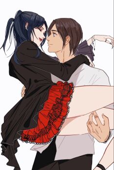 Rule 34 | 1boy, 1girl, arms around neck, black hair, black nails, black pants, black shirt, bracelet, brown hair, carrying, closed eyes, closed mouth, couple, cowboy shot, cross bracelet, eren yeager, frilled skirt, frills, hetero, jewelry, long hair, long sleeves, looking at another, mikasa ackerman, mnine5, nail polish, pants, parted bangs, princess carry, red lips, red skirt, shingeki no kyojin, shingeki no school castes, shirt, short hair, skirt, smile, thumb ring, twintails, white shirt