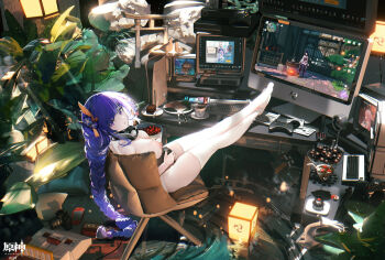 1girl braid breasts cake camera chair cherry chocolate cocktail_glass controller cup drinking_glass egg_(food) famicom famicom_cartridge famicom_gamepad floppy_disk food fork fried_egg fruit game_console game_controller genshin_impact hair_ornament handheld_game_console headphones headphones_around_neck highres computer_keyboard knife lantern long_hair looking_at_viewer monitor muffin nintendo_switch omone_hokoma_agm plant plate playstation_5 playstation_vita potted_plant purple_eyes purple_hair raiden_shogun ripples saucer sitting solo spoon strawberry thighhighs torii very_long_hair white_thighhighs