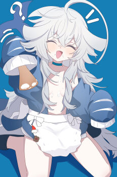 1girl ? ^_^ absurdres ahoge apron black_slippers blue_background blue_choker blue_jacket breasts choker closed_eyes commentary_request facing_viewer fang food food_on_face grey_hair hair_between_eyes highres jacket kanimiso30601 long_hair long_sleeves motion_lines notice_lines original puffy_long_sleeves puffy_sleeves simple_background sitting sleeves_past_wrists slippers small_breasts solo very_long_hair waist_apron wariza white_apron