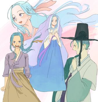 1girl alternate_costume alternate_hairstyle black_hat blue_hair blue_skirt braid braided_ponytail cheouldu commentary_request floating_hair forehead from_side hair_ribbon half_up_braid hat highres japanese_clothes kimono korean_commentary long_hair looking_at_viewer multiple_views nefertari_vivi one_piece open_mouth parted_bangs pink_kimono pink_ribbon profile ribbon skirt sleeves_rolled_up