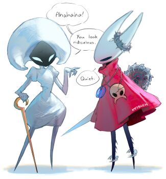 2girls arthropod_girl artist_name black_skin cloak colored_skin commentary english_commentary english_text highres holding holding_weapon hollow_eyes hollow_knight hollow_knight:_silksong horned_mask hornet_(hollow_knight) jewelry keibleh lace_(hollow_knight) mask multiple_girls necklace needle_(hollow_knight) pendant pin_(hollow_knight) pointing pointing_at_another red_cloak simple_background speech_bubble tool_(hollow_knight) weapon white_background white_mask