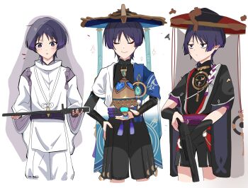 3boys anemo_symbol_(genshin_impact) aqua_gem armor belt black_belt black_bodysuit black_bridal_gauntlets black_eyes black_hair black_hat black_kimono black_shorts black_sleeves blue_cape blue_hat blunt_ends blush bodysuit bow bridal_gauntlets cape closed_mouth commentary covered_collarbone cowboy_shot cropped_legs doll_joints english_commentary eyeliner eyeshadow facing_viewer feathers floating floating_object floating_weapon furisode gem genshin_impact gold grey_veil gun hakama hakama_shorts hand_on_own_hip hat highres holding holding_gun holding_sword holding_weapon japanese_armor japanese_clothes jewelry jingasa jitome joints juban kariginu kimono kote kurokote layered_sleeves long_sleeves looking_at_object looking_to_the_side makeup mandarin_collar mitsudomoe_(shape) multiple_boys multiple_persona neck_ring nee_madiiiii o-ring open_clothes open_hand open_kimono open_mouth pants pelvic_curtain pleated_shorts pom_pom_(clothes) pump_action purple_bow purple_eyes purple_kimono purple_pupils purple_rope purple_sash purple_sleeves red_eyeliner red_eyeshadow red_hat red_kimono remington_870 ringed_eyes rope sash scaramouche_(genshin_impact) scaramouche_(kabukimono)_(genshin_impact) shimenawa short_sleeves shorts shotgun smile sword tassel tasuki tomoe_(symbol) twitter_username two-tone_hat veil wanderer_(genshin_impact) weapon white_kimono white_mouth white_pants white_rope white_sleeves white_trim wispy_bangs yellow_feathers