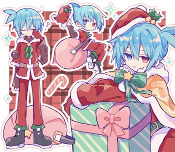 1boy aqua_hair bag blue_eyes blue_hair chibi christmas closed_mouth commentary_request futaba969649 gift gloves hair_between_eyes hat heterochromia looking_at_viewer male_focus medium_hair multiple_views pants puyopuyo puyopuyo_fever red_eyes red_gloves red_hat red_pants santa_hat sig_(puyopuyo) standing