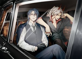 2boys arataki_itto arm_on_another&#039;s_shoulder black_gloves black_pants black_shirt blue_eyes blue_hair blue_pants buttons car car_interior collared_shirt commentary elbow_rest english_commentary facial_mark forked_eyebrows genshin_impact gloves grey_necktie grey_vest highres horns kamisato_ayato lapels layered_sleeves long_hair male_focus motor_vehicle multiple_boys necktie open_collar open_mouth own_hands_together pants parted_hair ponytail red_eyes red_horns shirt sitting smile soratxn vest white_hair white_shirt