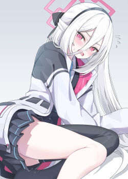 1girl absurdres black_hairband black_ribbon black_skirt black_thighhighs blue_archive blue_necktie blush commentary double-parted_bangs flying_sweatdrops gradient_background hair_between_eyes hair_ribbon hairband half_updo halo highres jacket kei_(blue_archive) kei_(student)_(blue_archive) long_hair long_hair_between_eyes looking_at_viewer multicolored_jacket necktie open_mouth pink_eyes pink_halo pleated_skirt rectangular_halo ribbon ringed_eyes shiraae_quartet simple_background single_thighhigh skirt solo thighhighs two-tone_jacket white_background white_hair white_jacket