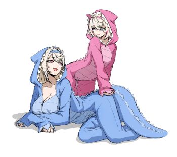 Rule 34 | 2girls, absurdres, animal costume, animal ears, blonde hair, blue eyes, blue hair, blue hood, breasts, cleavage, daydarion, dog girl, fuwawa abyssgard, highres, hololive, hololive english, mococo abyssgard, multicolored hair, multiple girls, open mouth, pink eyes, pink hair, pink hood, short hair, siblings, simple background, sisters, streaked hair, tail, twins, virtual youtuber, white background