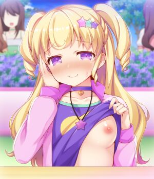 10s 1girl blonde_hair blush breasts choker closed_mouth flashing hair_ornament heart highres idol_time_pripara jewelry lifting_own_clothes long_hair long_sleeves looking_at_viewer medium_breasts nipples oppai_challenge pendant presenting_breasts pretty_series pripara purple_choker purple_eyes smile solo_focus speech_bubble star-shaped_pupils star_(symbol) star_hair_ornament symbol-shaped_pupils tiger_rmn two_side_up upper_body yumekawa_yui