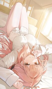 Rule 34 | 1girl, absurdres, arm up, bed, blue archive, bottomless, breasts, brown eyes, brown hair, character request, cleavage, commentary request, curtains, dutch angle, fingernails, grin, halo, hand up, highres, indoors, iv (iv70311741), large breasts, long hair, long sleeves, looking at viewer, lying, naked shirt, no pants, on back, on bed, shirt, smile, solo, very long hair, warm colored, white shirt, window, wispy bangs