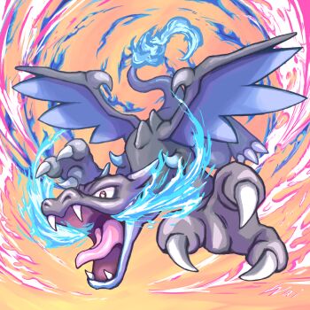 blue_fire breath_weapon breathing_fire charizard claws commentary_request dragon dragon_wings fangs fire flame-tipped_tail flying full_body gen_1_pokemon highres mega_charizard_x mega_pokemon nintendo no_humans open_mouth pokemon pokemon_(creature) pokemon_focus solo spikes spines tail tongue wai152 wings