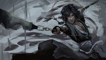 1boy absurdres bad_link black_gloves black_hair black_tunic chain commentary commission dagger english_commentary fingerless_gloves gloves gold_chain highres holding holding_chain holding_dagger holding_knife holding_weapon ignoramoose knife looking_at_viewer male_focus original outstretched_arms pectoral_cleavage pectorals red_eyes second-party_source serious shadow_slave short_hair solo tunic waistband weapon