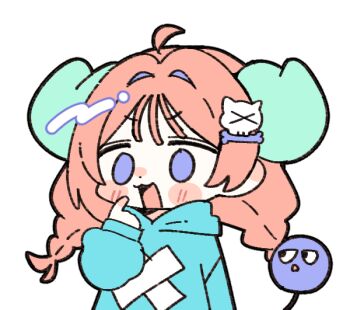 1girl :3 ahoge ako-chan_(notamaru_2) blush_stickers bone_hair_ornament braid chibi chibi_only commentary dot_nose green_hoodie green_horns hair_intakes hair_ornament hand_up hood hood_down hoodie horns index_finger_raised long_hair long_sleeves notamaru_2 open_mouth original pink_hair purple_eyes simple_background skull_hair_ornament solo symbol-only_commentary transparent_background twin_braids upper_body wispy_bangs