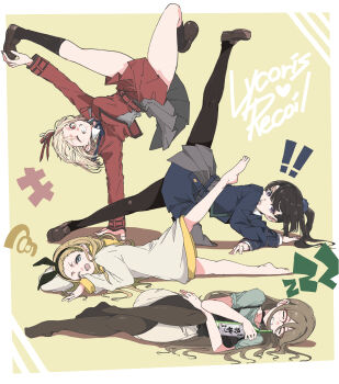 ! !! 4girls absurdres barefoot black_hair black_hairband black_outline black_pantyhose black_socks blonde_hair blue_dress blush border bottle bow_hairband breakdance brown-framed_eyewear brown_dress brown_hair brown_pantyhose brown_shoes closed_mouth convenient_skirt dress english_text feet forehead glasses green_shirt grey_dress grey_eyes grin hair_ribbon hairband hand_up handstand highres hood hood_down inoue_takina kneehighs kurumi_(lycoris_recoil) leg_lift legs loafers long_hoodie long_sleeves looking_at_viewer lycoris_recoil lycoris_uniform lying multiple_girls nakahara_mizuki nishikigi_chisato on_side one_arm_handstand one_eye_closed outline outside_border pantyhose panyatteria pencil_skirt pleated_dress ponytail purple_eyes red_dress red_eyes red_ribbon ribbon sake_bottle semi-rimless_eyewear shirt shoes short_hair short_sleeves skirt sleeping smile socks thighs toes white_border white_skirt yellow_background zzz
